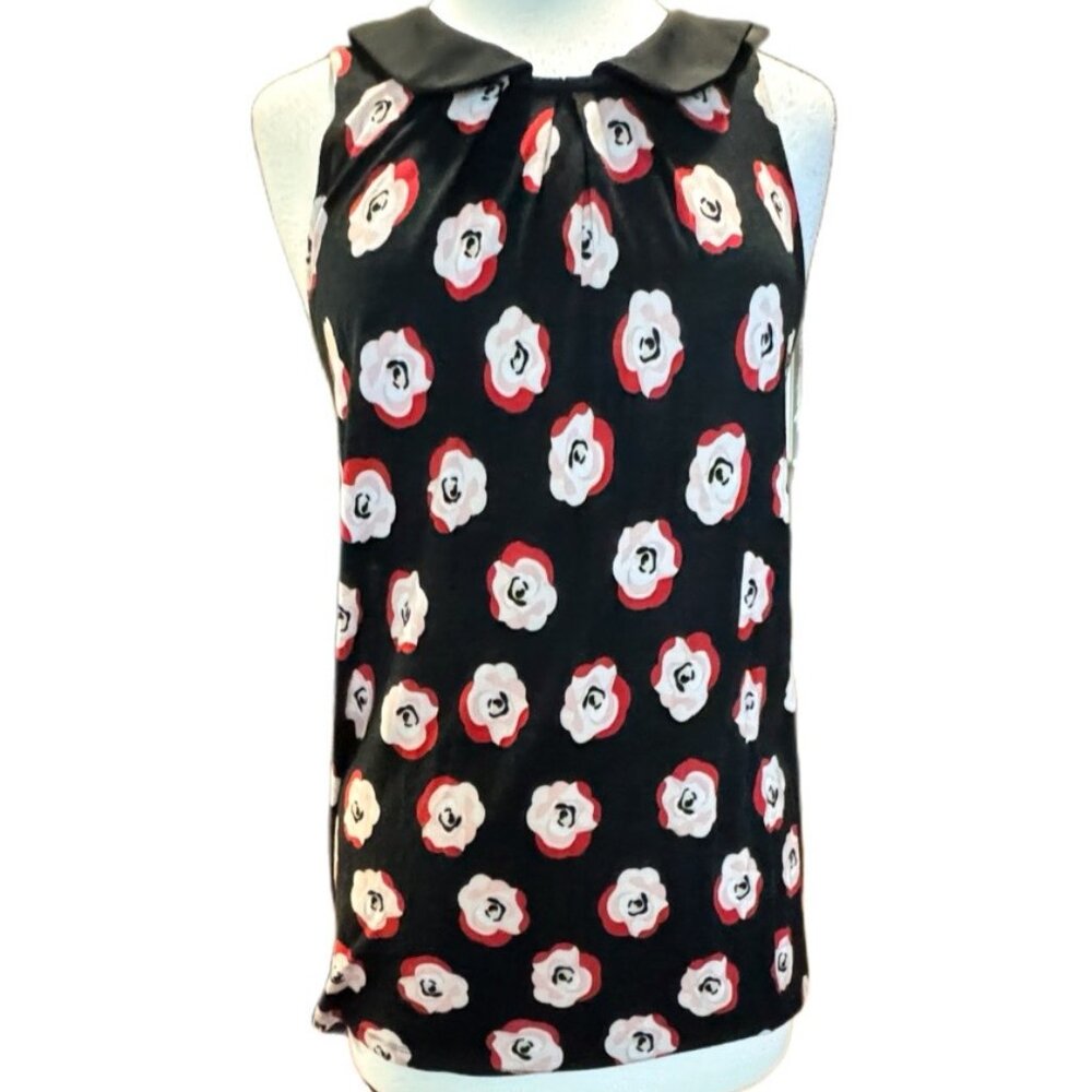 Elle MSRP $72 Black White Pink Breathable Short Sleeve Top Floral Blouse MED New